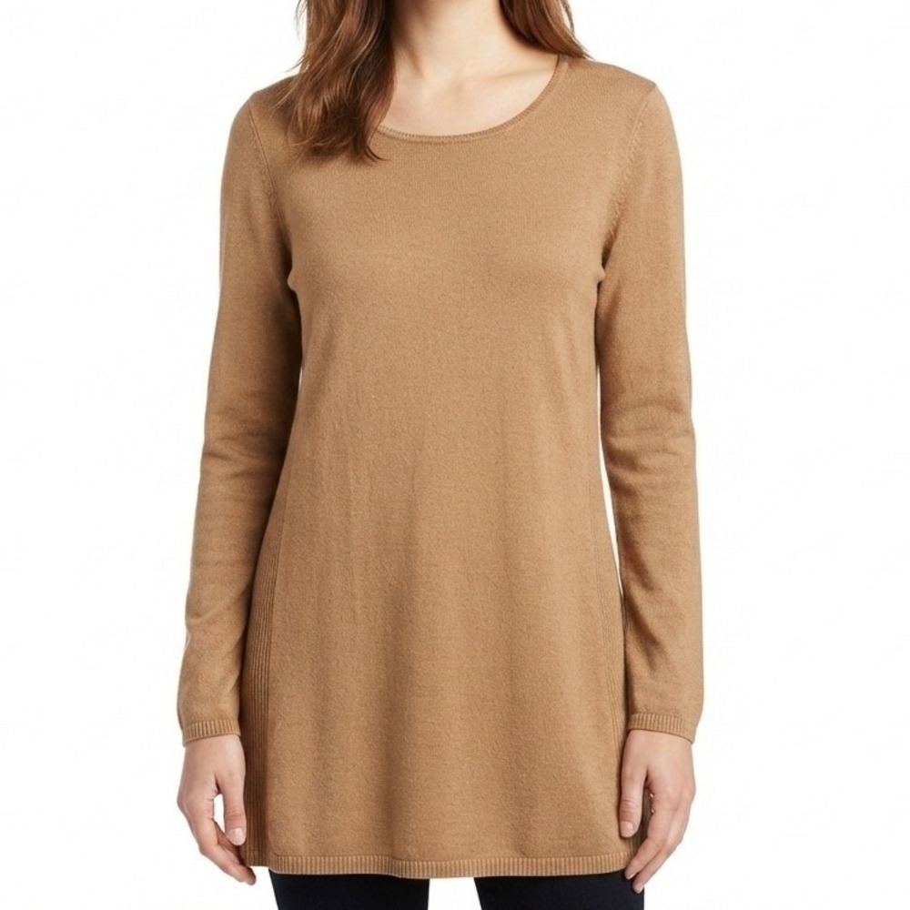 J. Jill Tunic Sweater Womens Large Tan Ribbed Side Panel Scoop Neck Knit Top‎